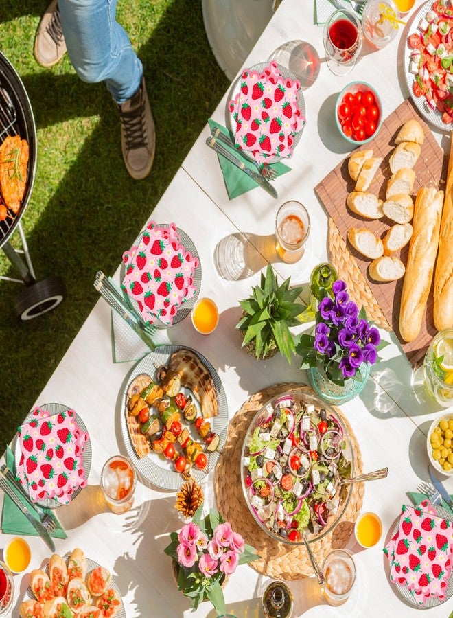 Whaline 50 Pcs Strawberry Scalloped Paper Napkins Pink Red Strawberry Flower Disposable Napkins Fruit Luncheon Dinner Napkin for Birthday Summer Party Table Supplies - Image 5